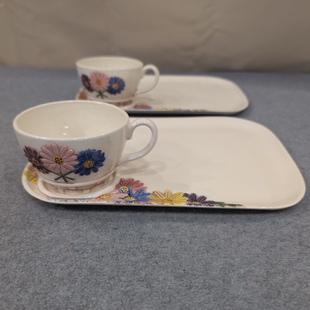 Vintage‎ Aurillia Hand Painted Floral Ceramic Snack Set Cup and Tray 4pc VG